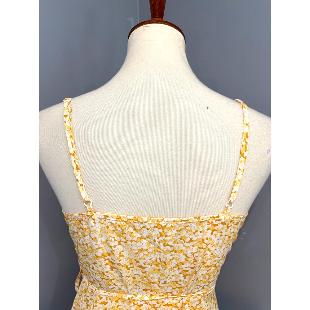 Yellow Floral Ruffle Faux Wrap Mini Dress Spring Summer Brunch Flowy, Size Small - Picture 7 of 9